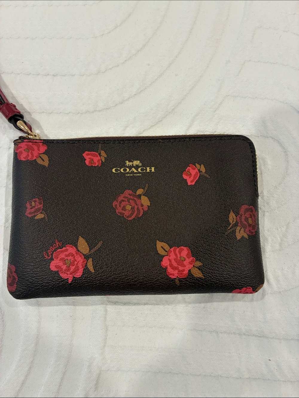 Coach Brown Leather Wristlet with Red Floral Print